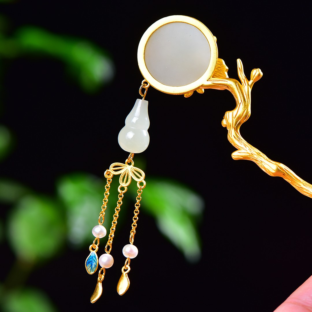 Silver gold plated Hetian jade hairpin