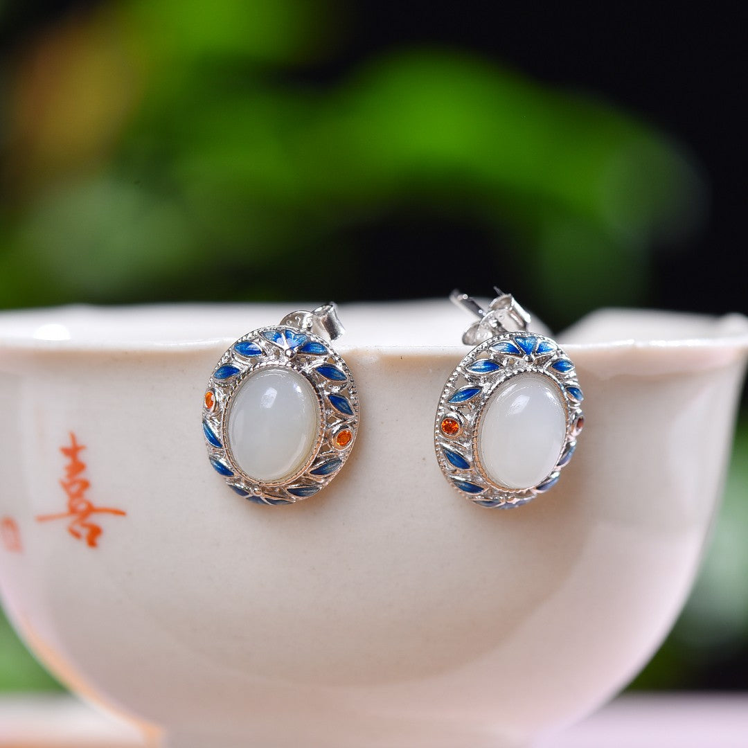 Silver gold plated Hetian jade earrings