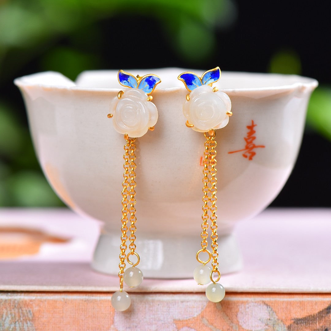 Silver gold plated Hetian jade earrings