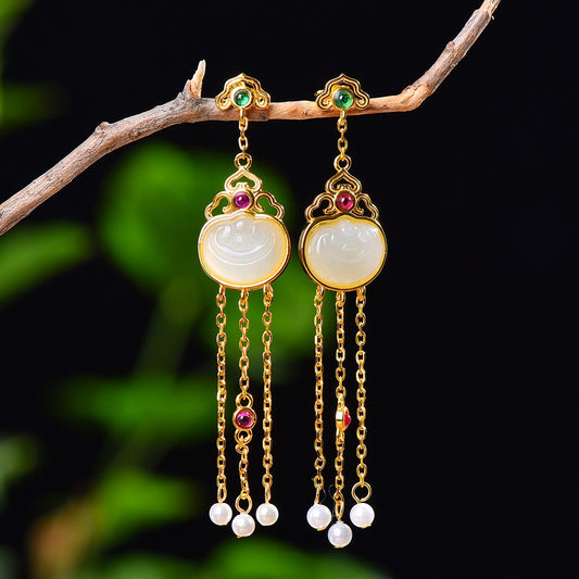 Silver gold plated Hetian jade earrings