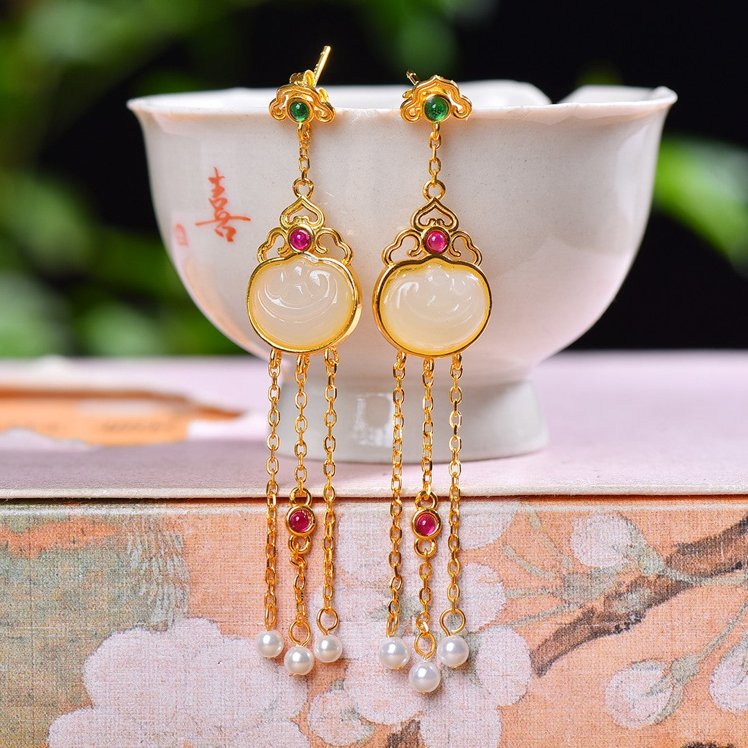 Silver gold plated Hetian jade earrings