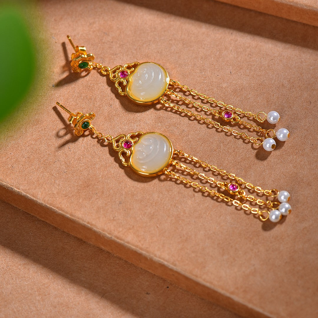 Silver gold plated Hetian jade earrings