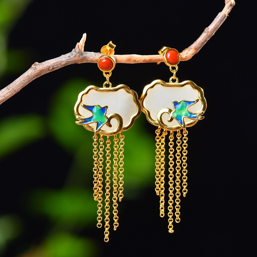 Silver gold plated Hetian jade earrings