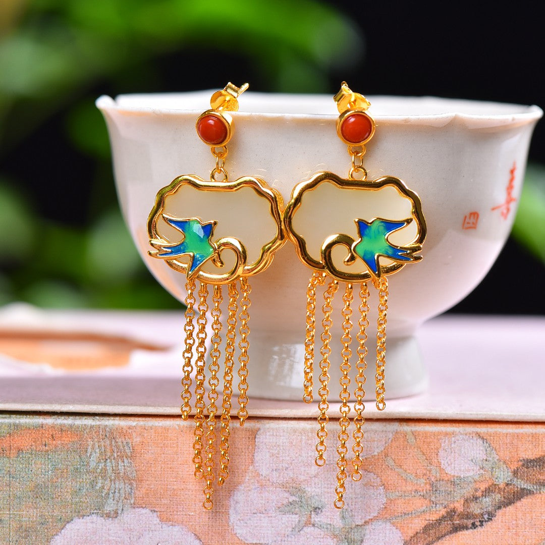 Silver gold plated Hetian jade earrings