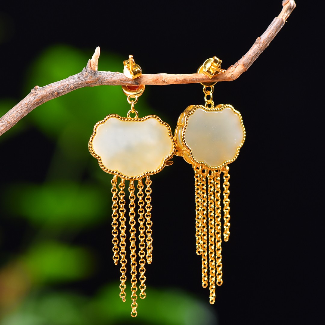 Silver gold plated Hetian jade earrings