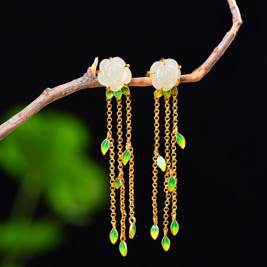 Silver gold plated Hetian jade earrings