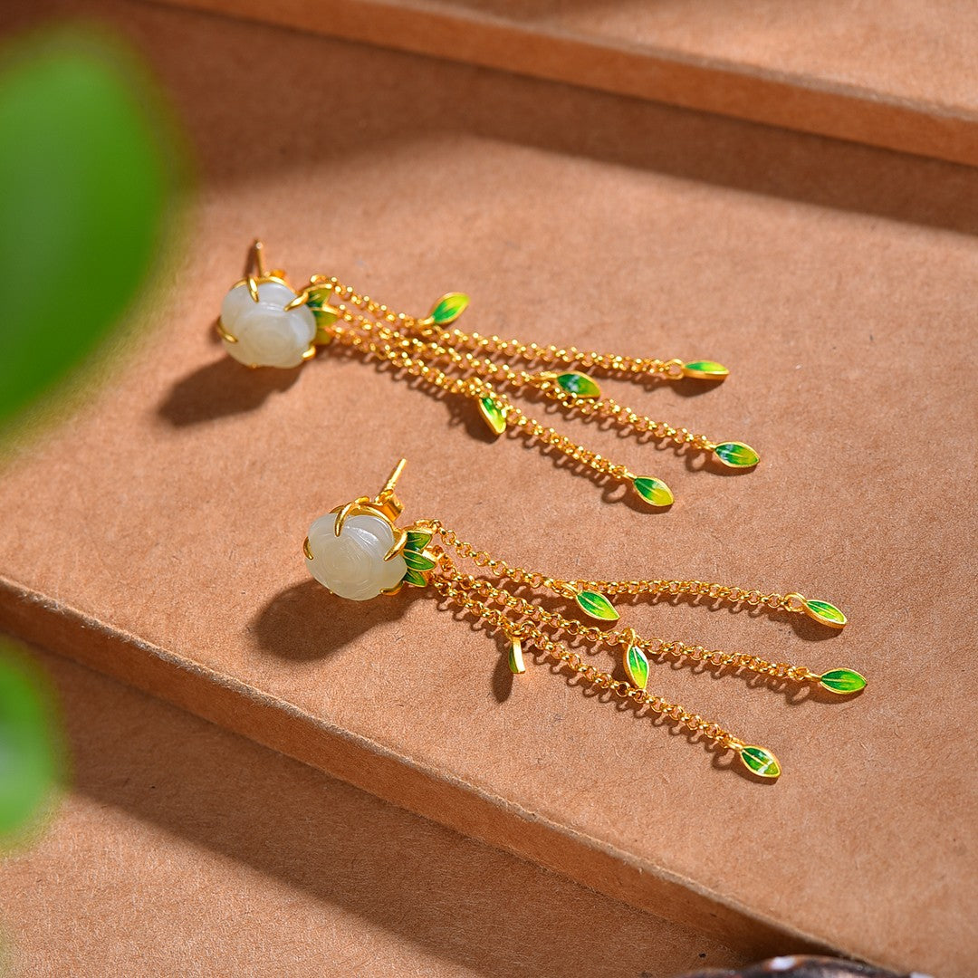 Silver gold plated Hetian jade earrings