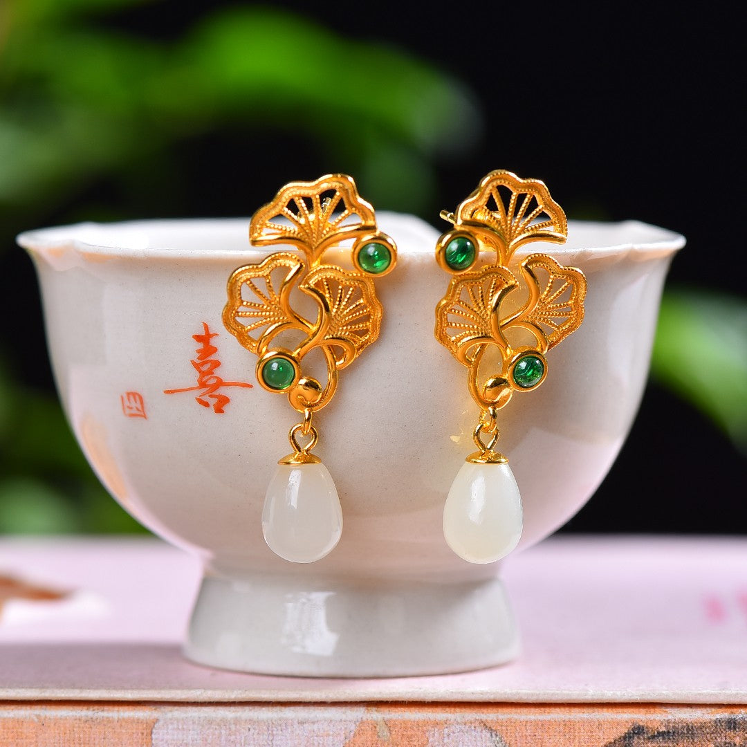 Silver gold plated Hetian jade earrings