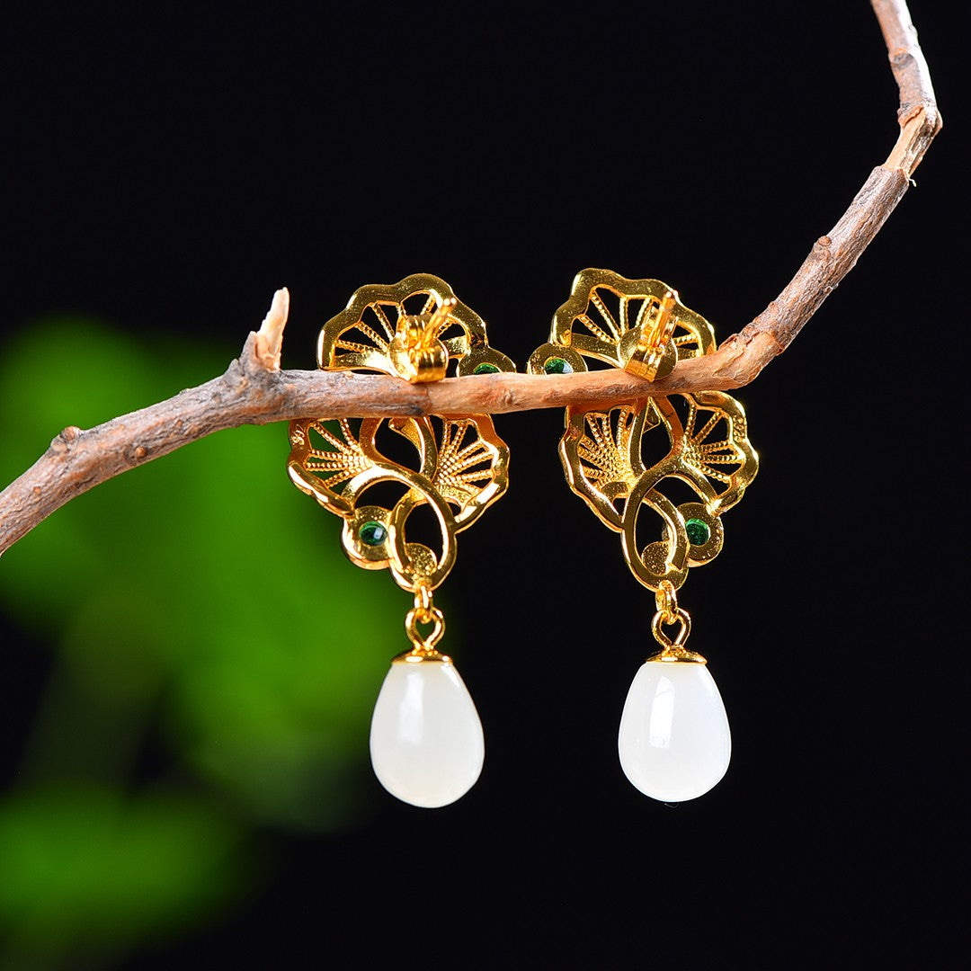 Silver gold plated Hetian jade earrings