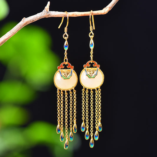 Silver gold plated Hetian jade earrings