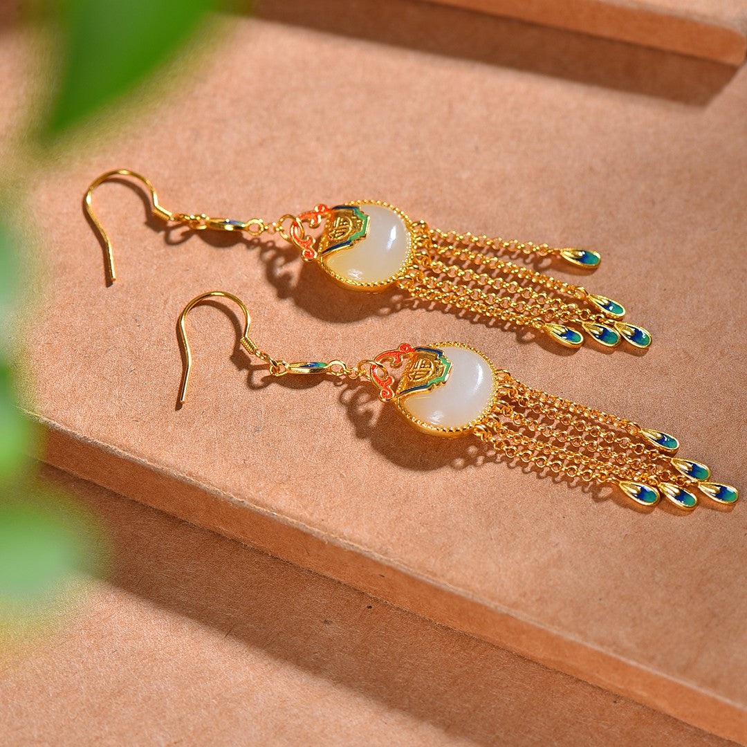 Silver gold plated Hetian jade earrings