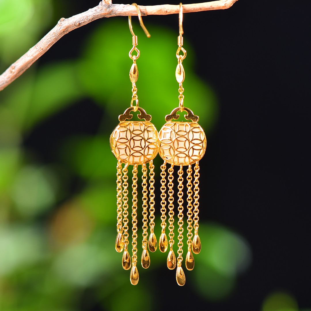 Silver gold plated Hetian jade earrings