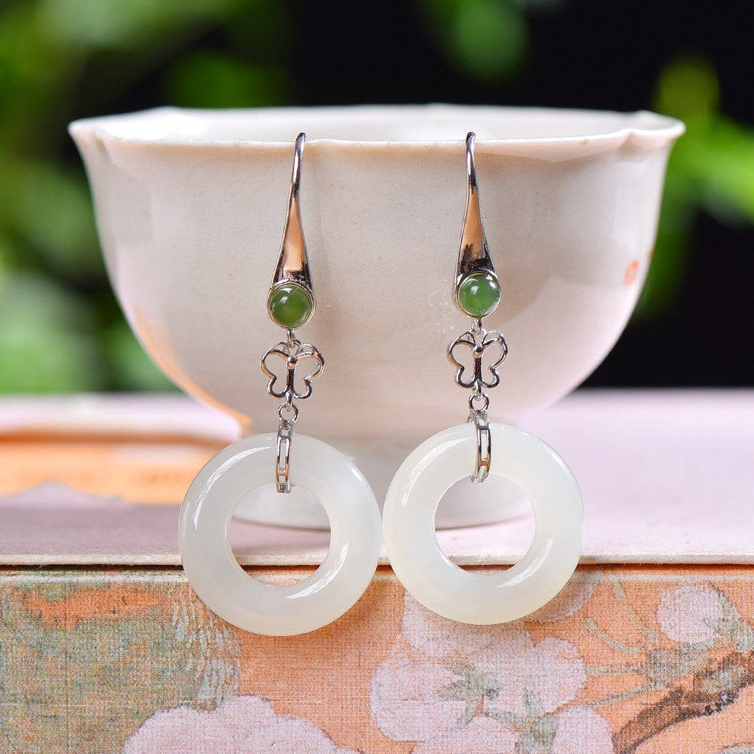 Silver gold plated Hetian jade earrings