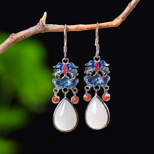 Silver gold plated Hetian jade earrings