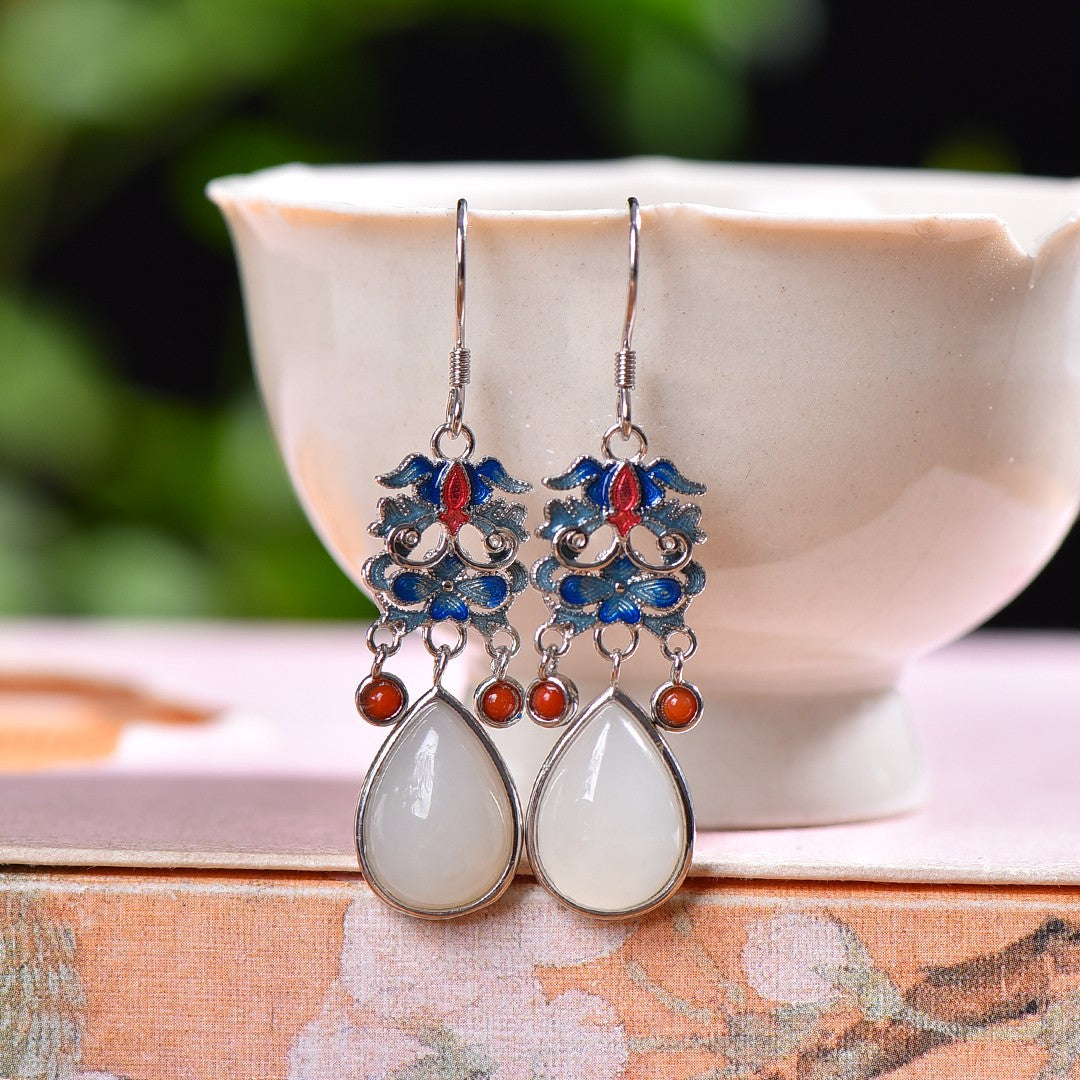 Silver gold plated Hetian jade earrings