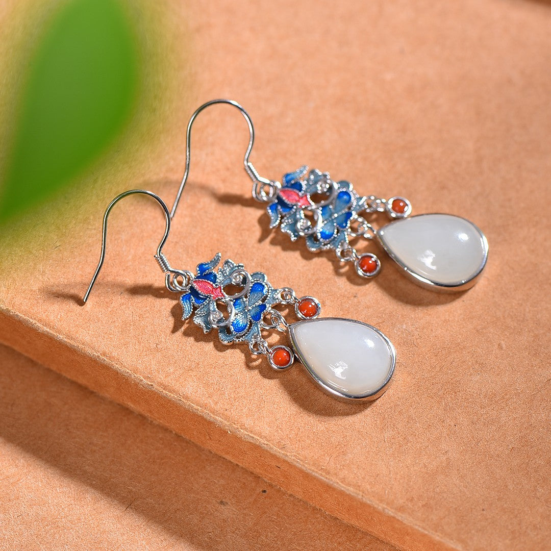 Silver gold plated Hetian jade earrings