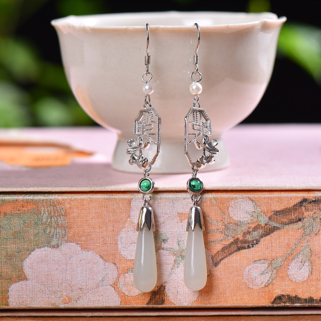 Silver gold plated Hetian jade earrings