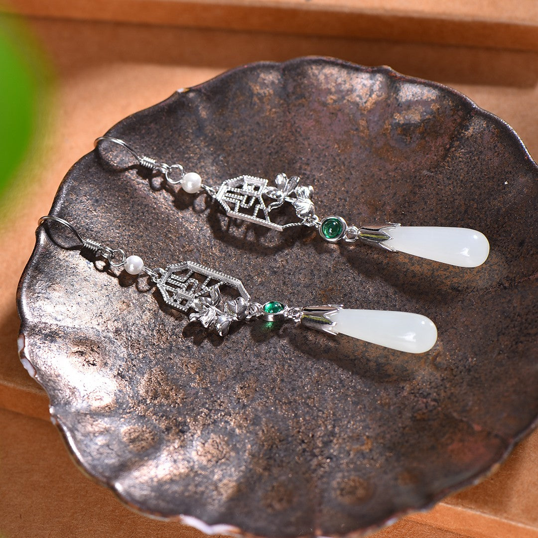 Silver gold plated Hetian jade earrings