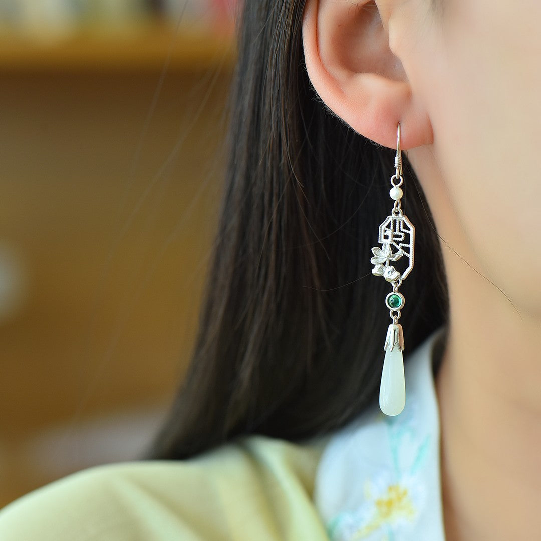 Silver gold plated Hetian jade earrings