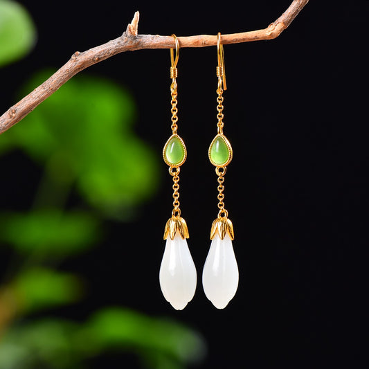 Silver gold plated Hetian jade earrings