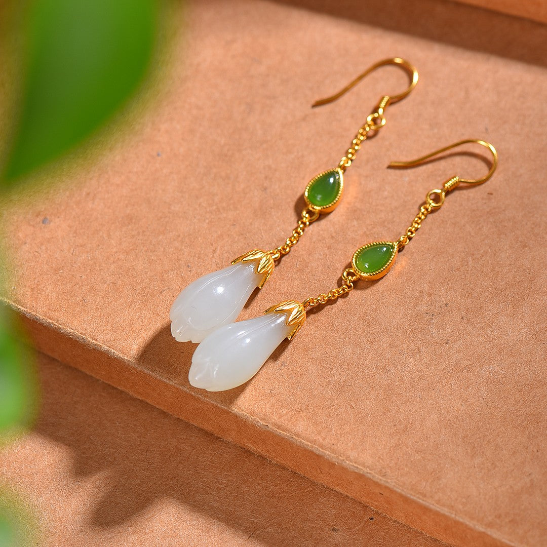 Silver gold plated Hetian jade earrings