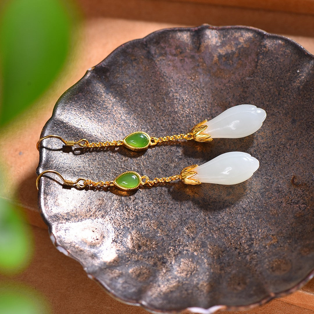 Silver gold plated Hetian jade earrings