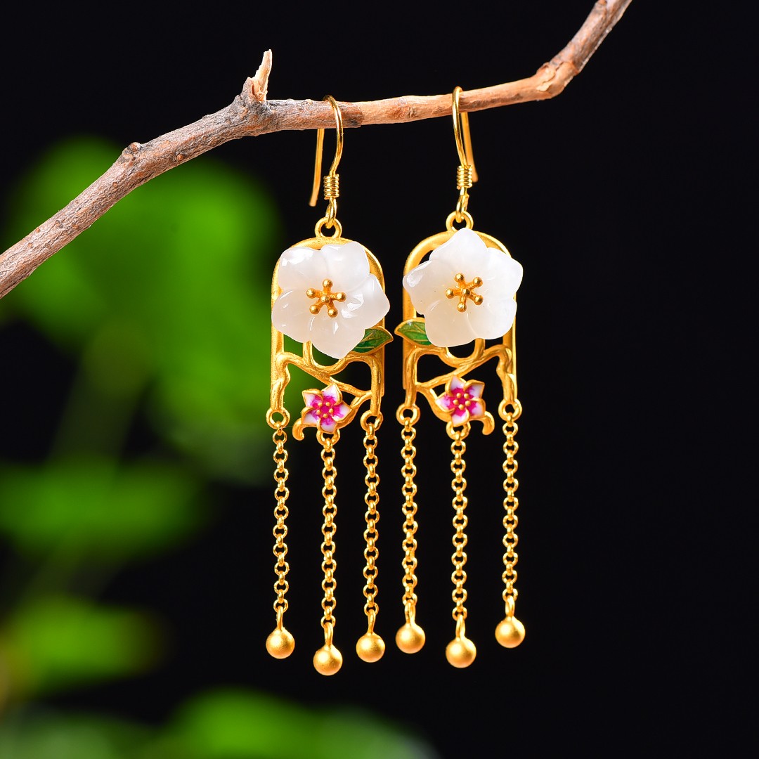 Silver gold plated Hetian jade earrings