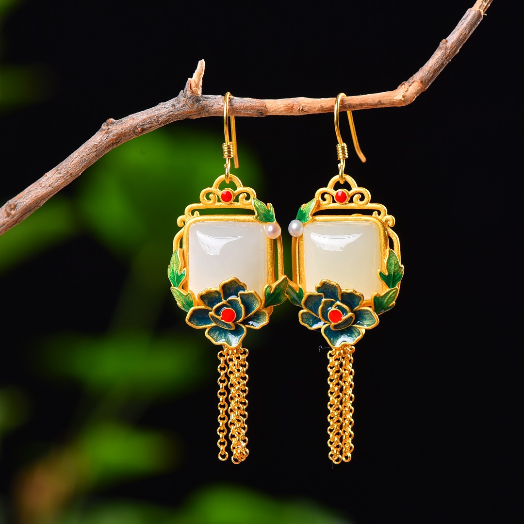 Silver gold plated Hetian jade earrings