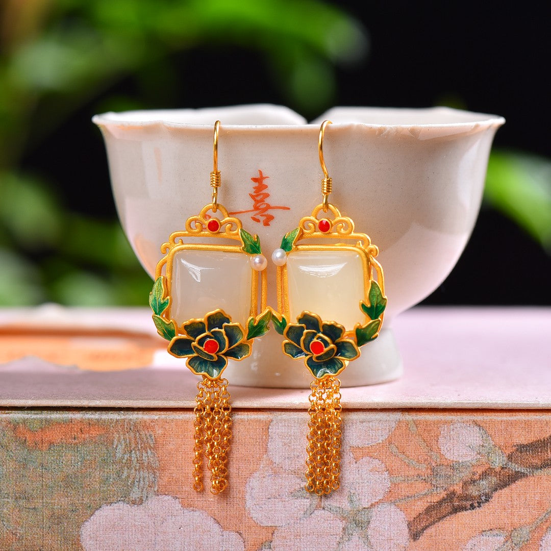 Silver gold plated Hetian jade earrings