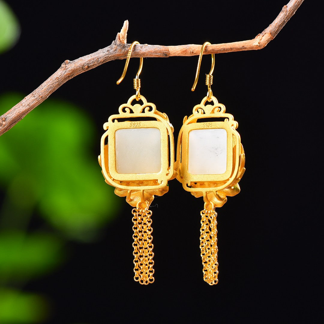 Silver gold plated Hetian jade earrings