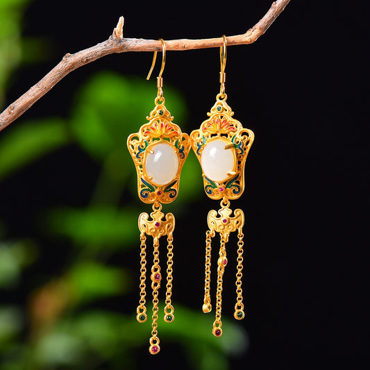 Silver gold plated Hetian jade earrings