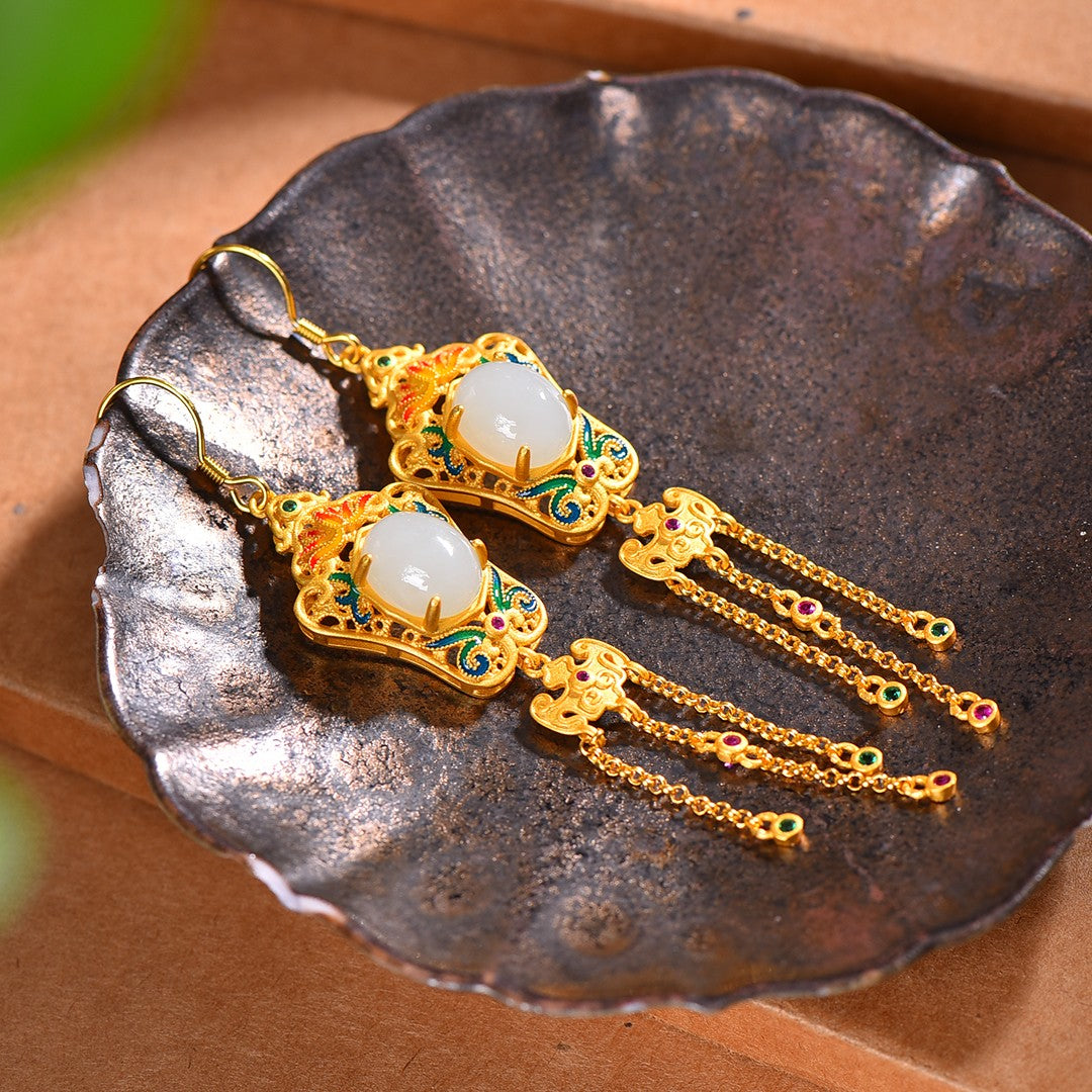 Silver gold plated Hetian jade earrings