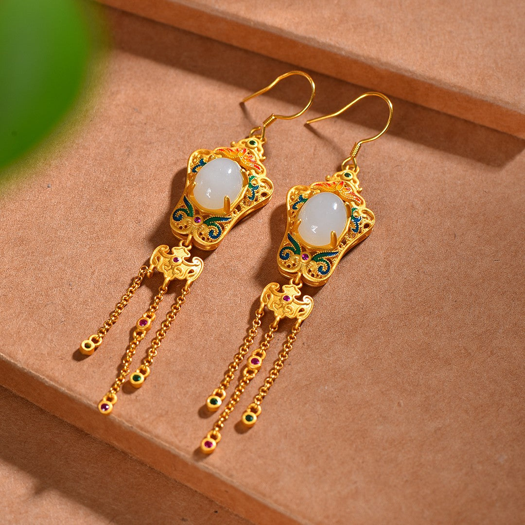 Silver gold plated Hetian jade earrings