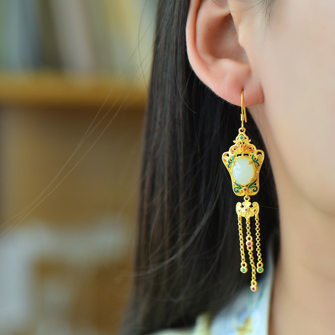 Silver gold plated Hetian jade earrings