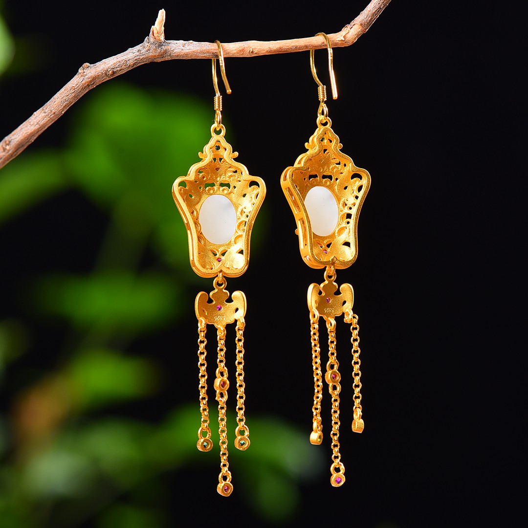 Silver gold plated Hetian jade earrings