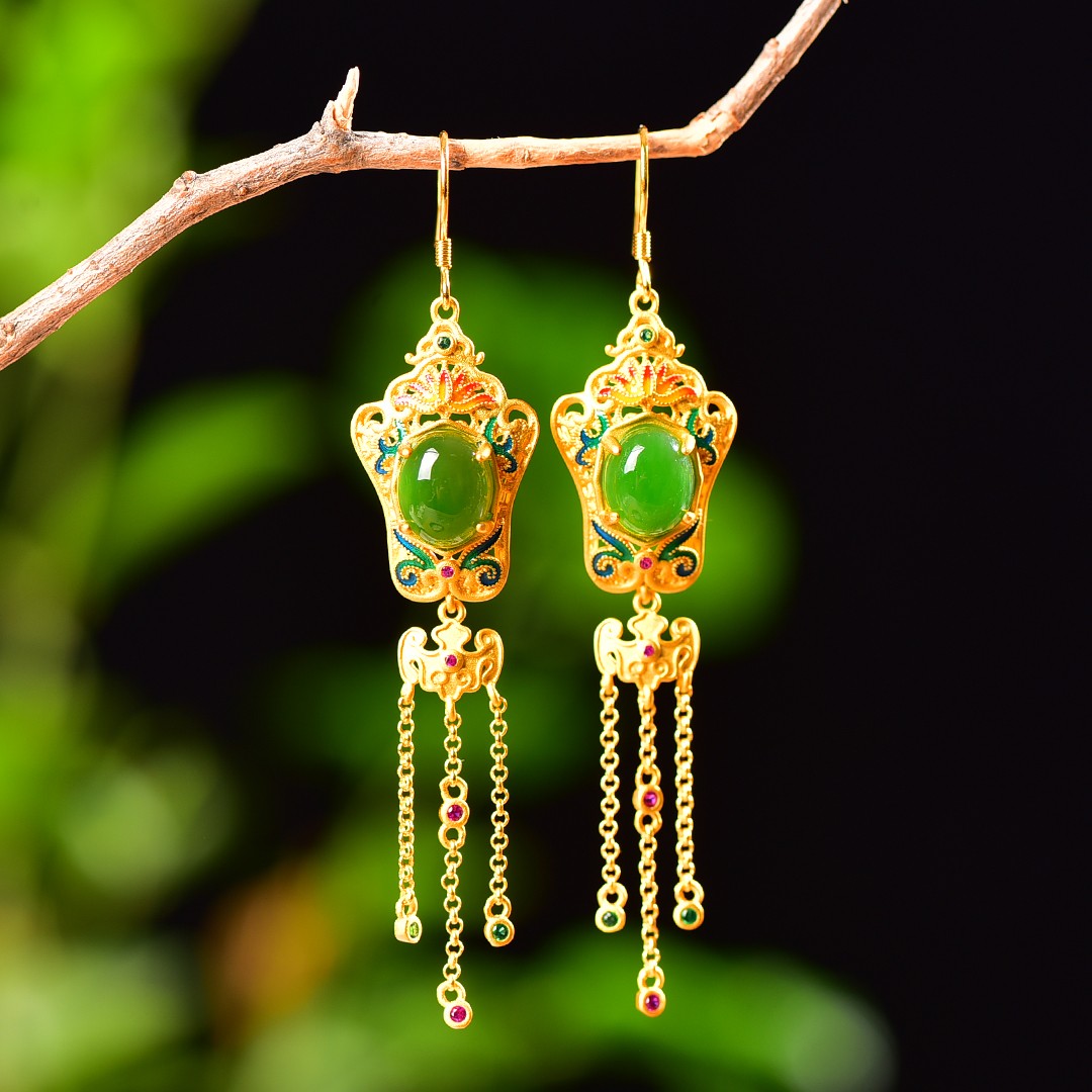 Silver gold plated Hetian jade earrings