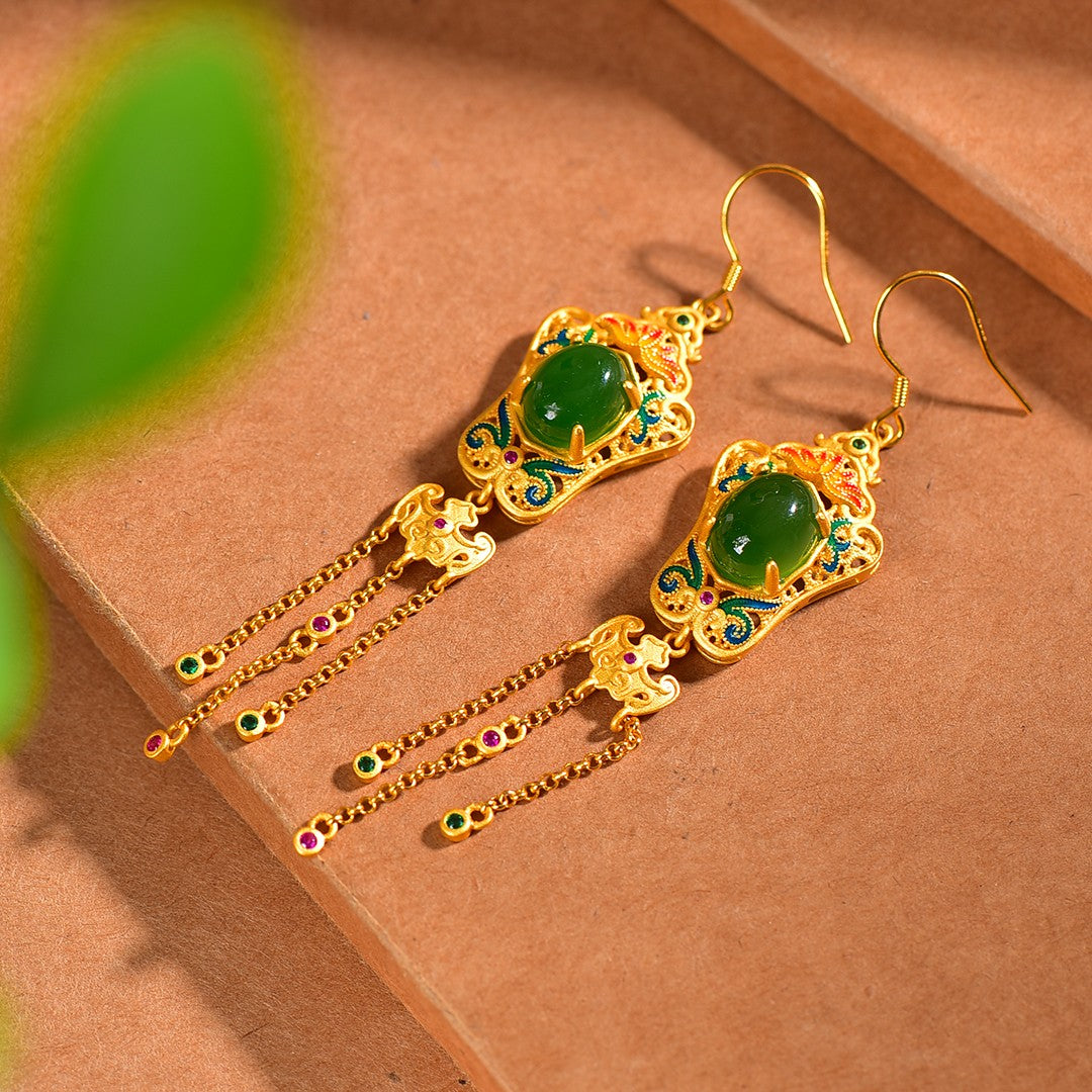 Silver gold plated Hetian jade earrings