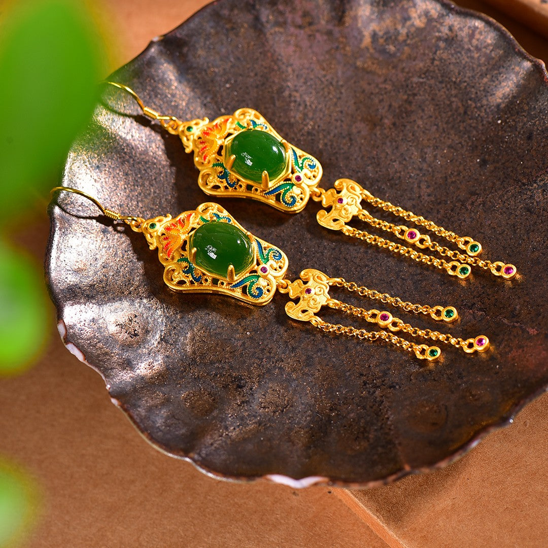 Silver gold plated Hetian jade earrings