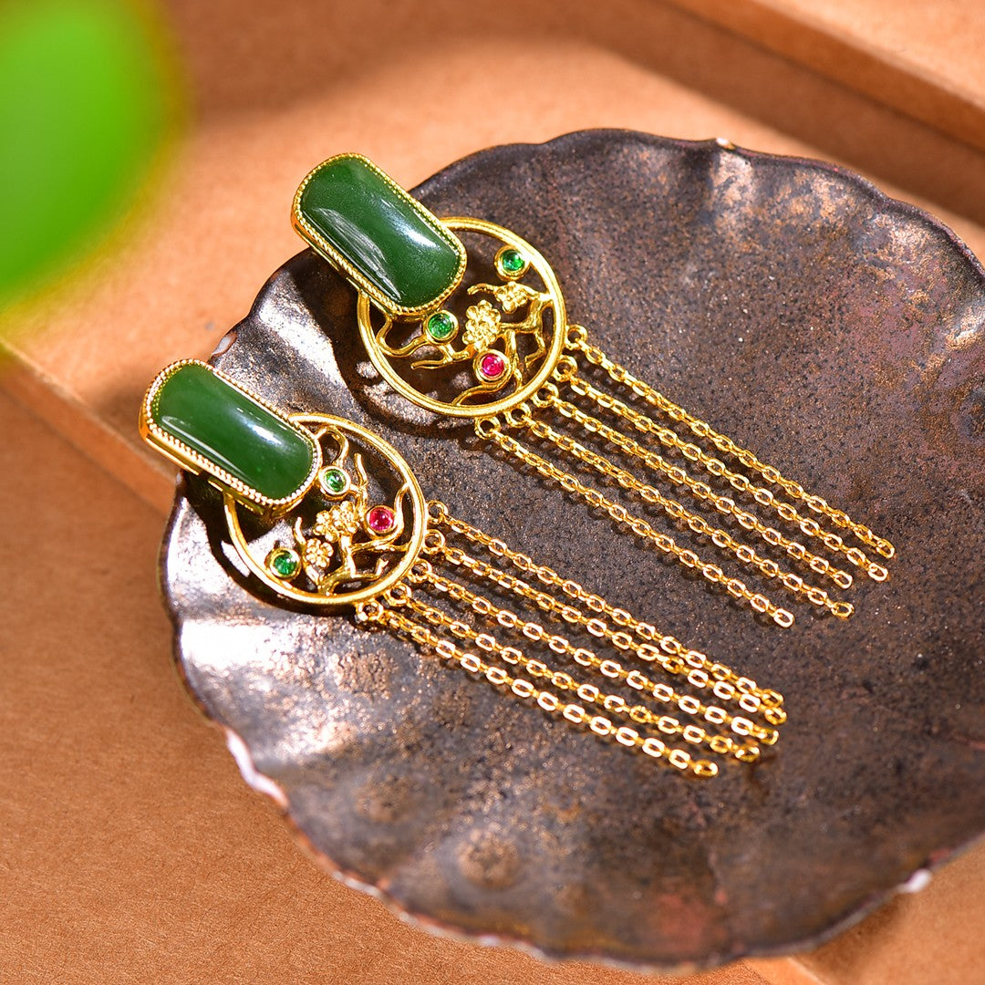 Silver gold plated Hetian jade earrings