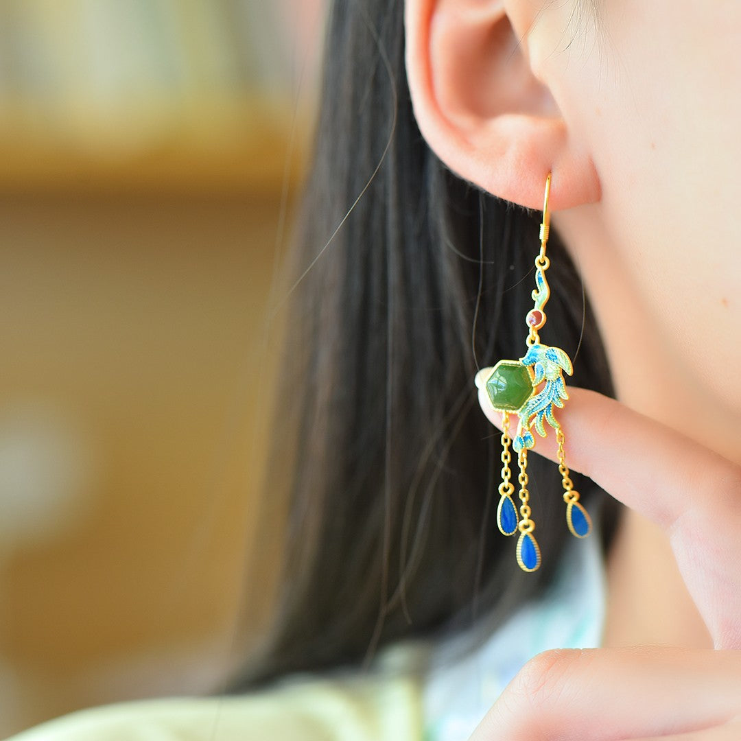 Silver gold plated Hetian jade earrings