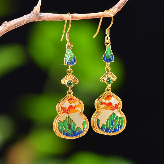 Silver gold plated Hetian jade earrings