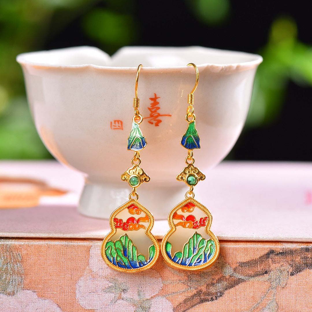 Silver gold plated Hetian jade earrings