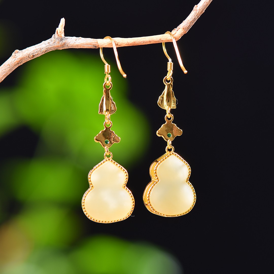 Silver gold plated Hetian jade earrings