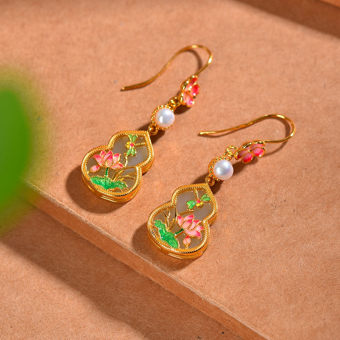 Silver gold plated Hetian jade earrings