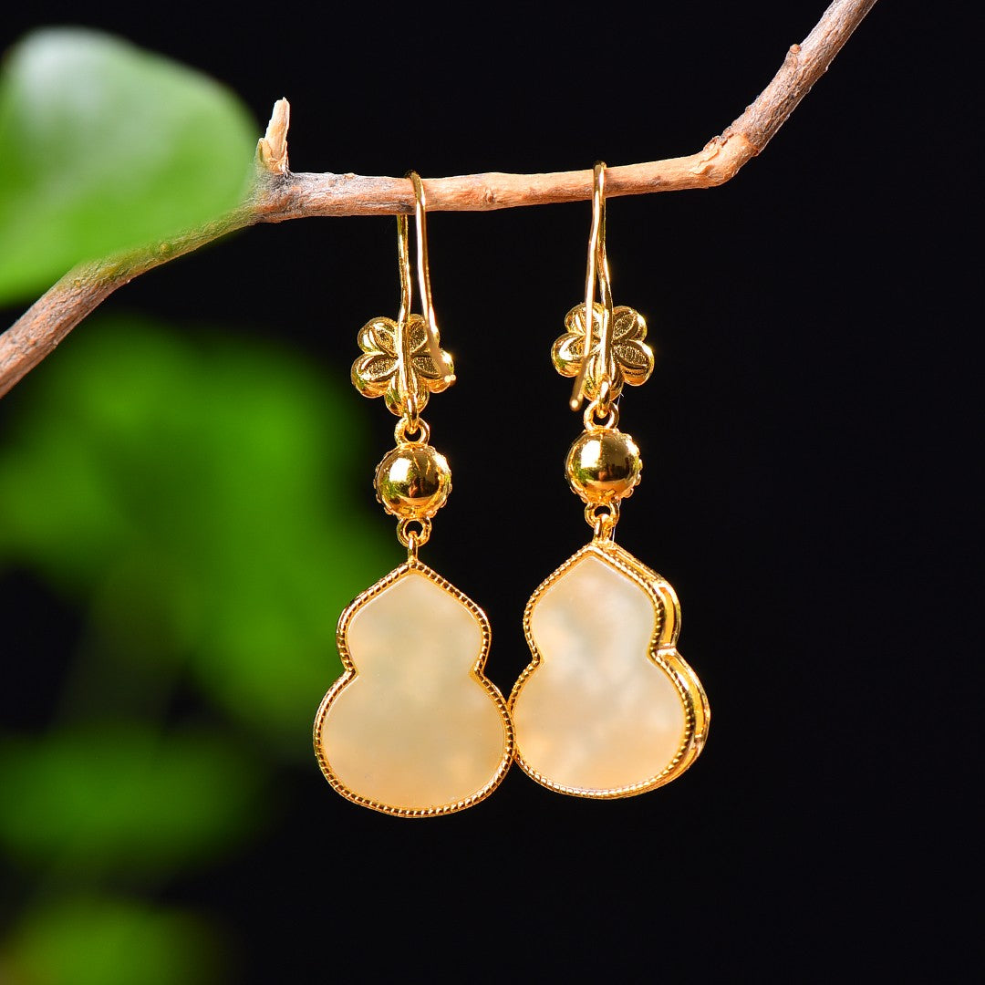 Silver gold plated Hetian jade earrings