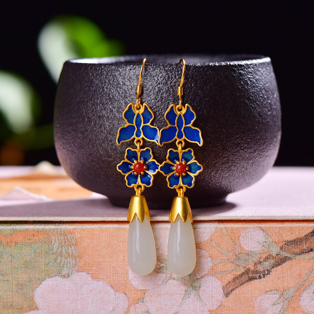 Silver gold plated Hetian jade earrings