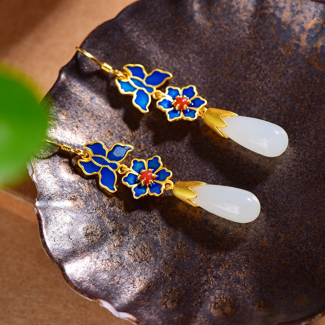 Silver gold plated Hetian jade earrings