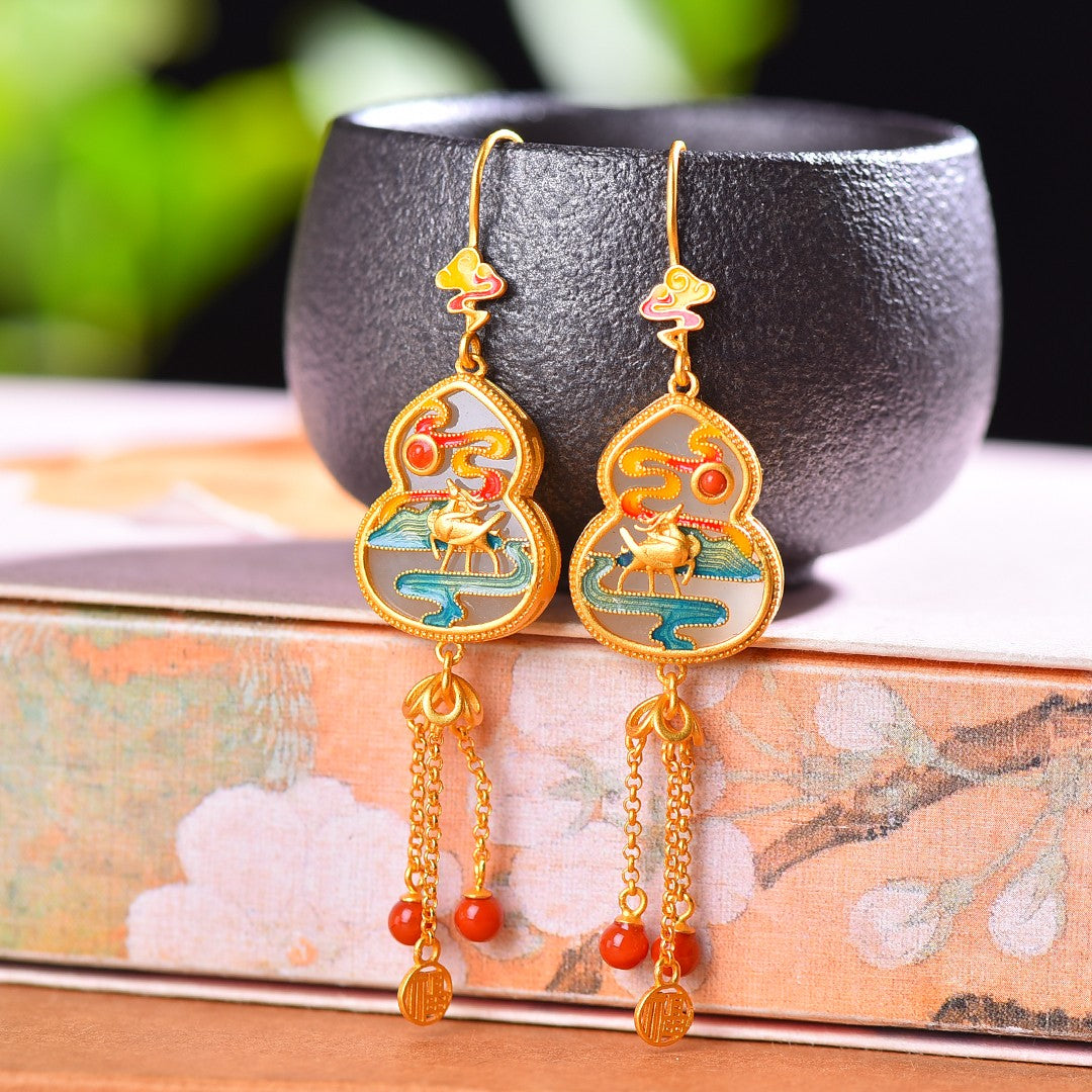 Silver gold plated Hetian jade earrings