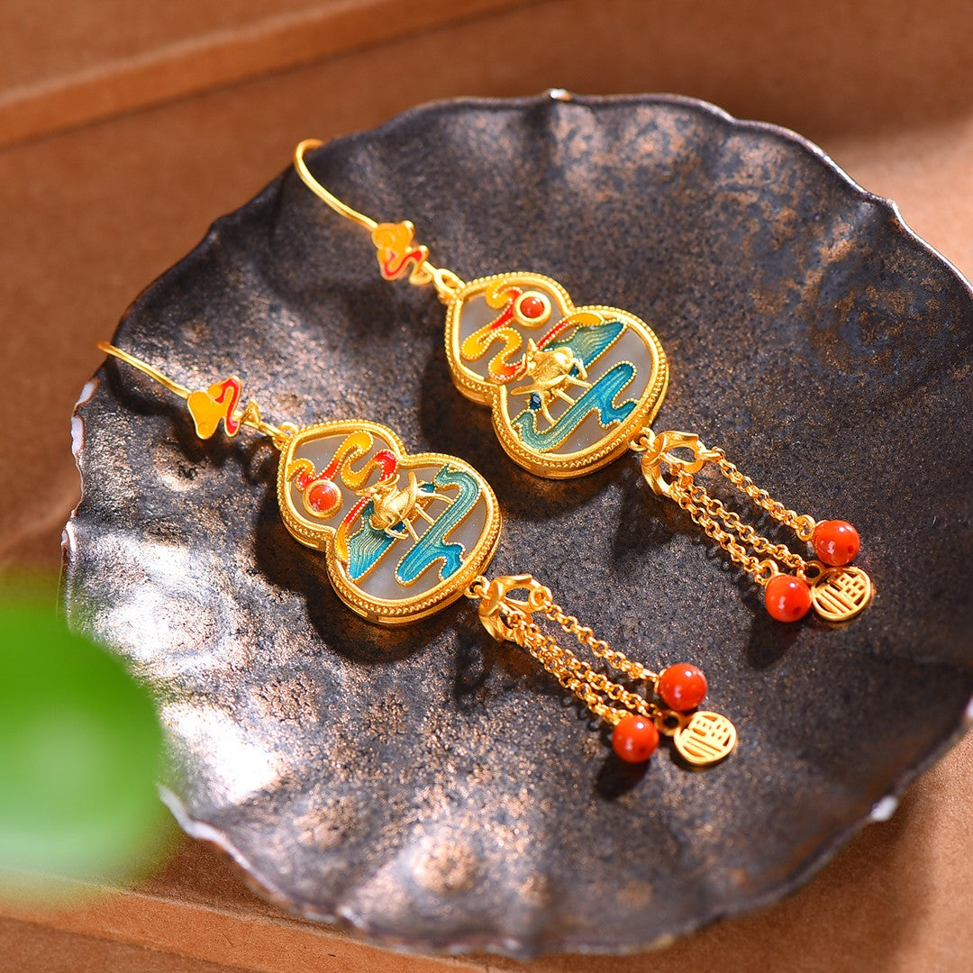 Silver gold plated Hetian jade earrings