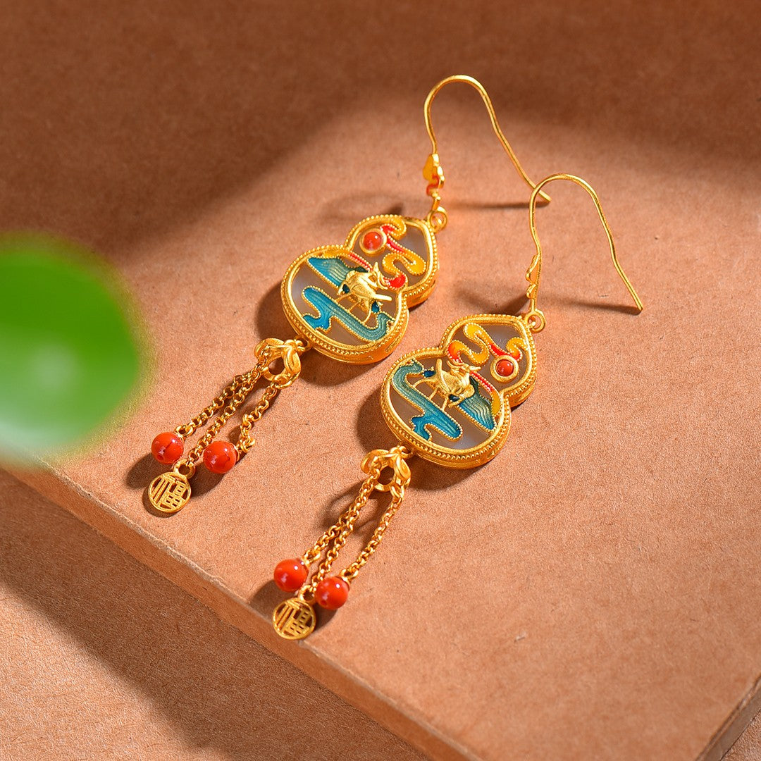 Silver gold plated Hetian jade earrings